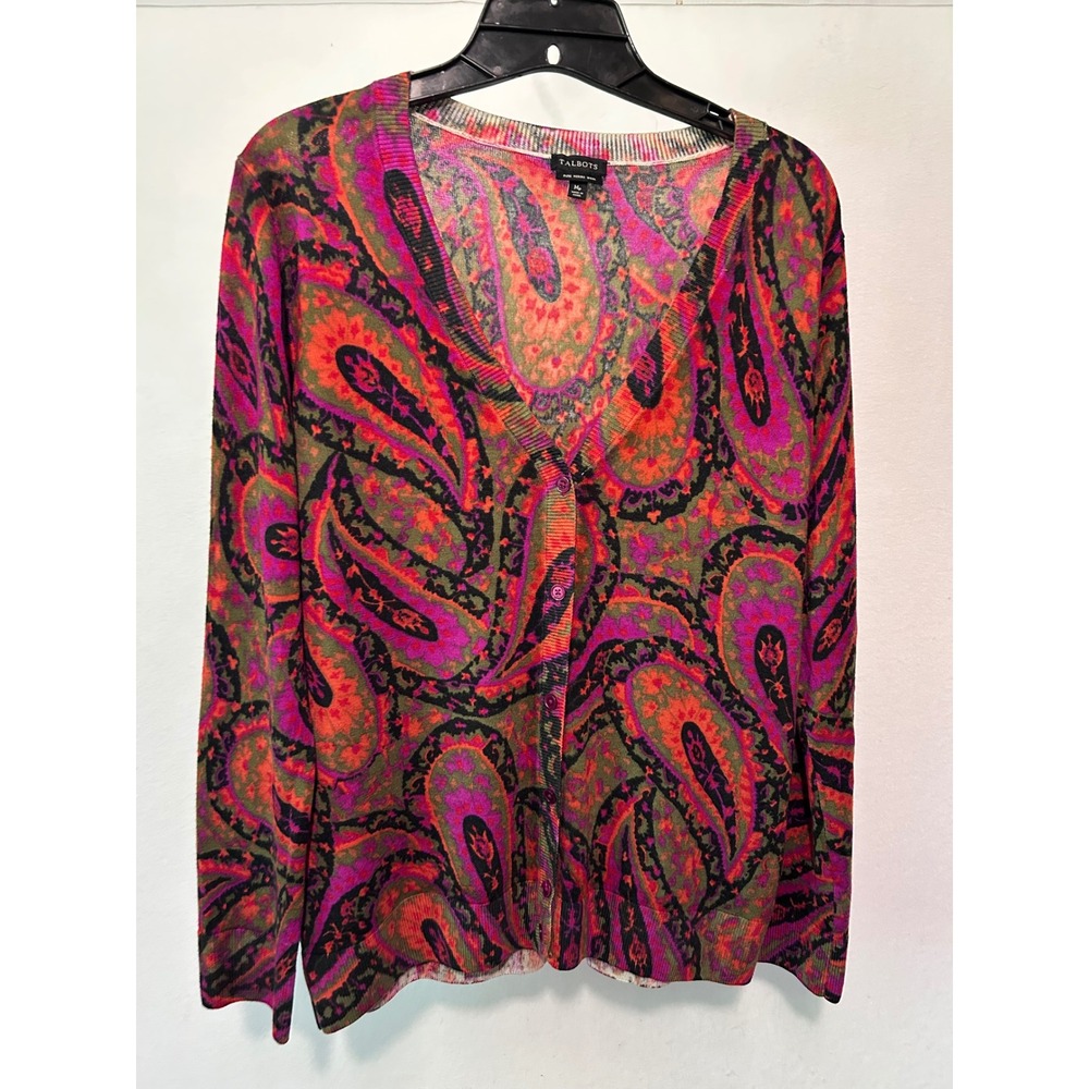 Talbots Merino Wool Paisley Cardigan Sweater Pink Orange Green Petite Medium MP
